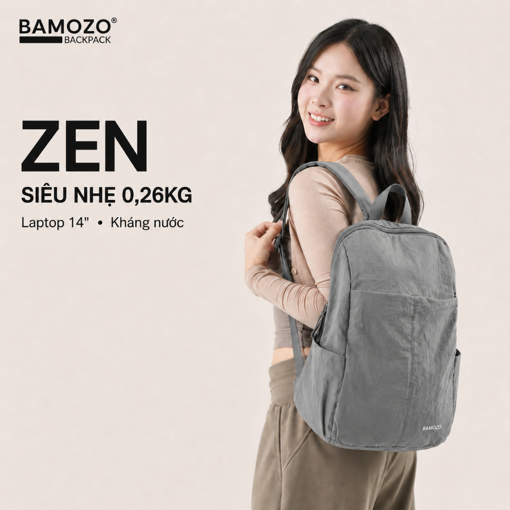 Balo Laptop Nam Nữ BAMOZO ZEN Siêu Nhẹ Chống Nước Đựng Laptop 14 Inch Đi Làm Đi Học
