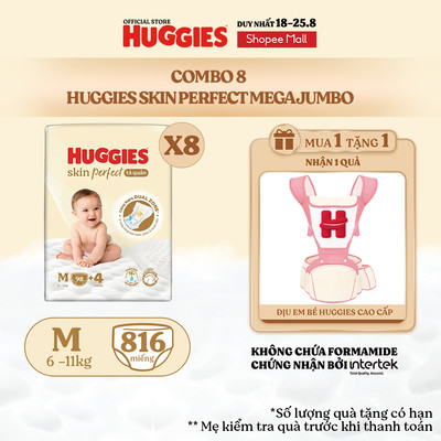 Combo 8 Tã quần Huggies Skin Perfect Mega Jumbo M98/ L88/ XL72/ XXL64 2 vùng thấm giảm kích ứng da