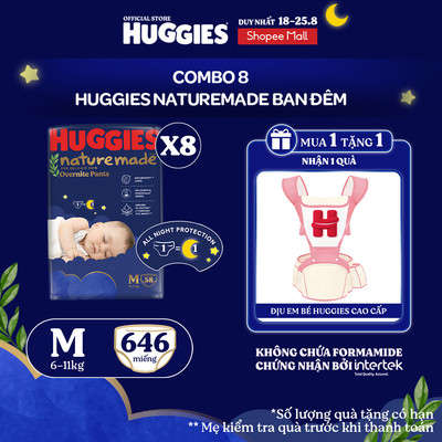 Combo 8 Tã quần Huggies Naturemade ban đêm M58/L44/XL38/XXL26