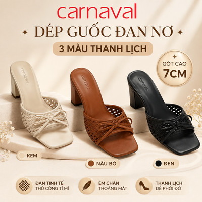 Dép Cao Gót Nữ Carnaval Quai Đan Nơ Mũi Vuông, Gót Trụ Cao 7cm Thanh Lịch Êm Chân Dễ Phối - VS228