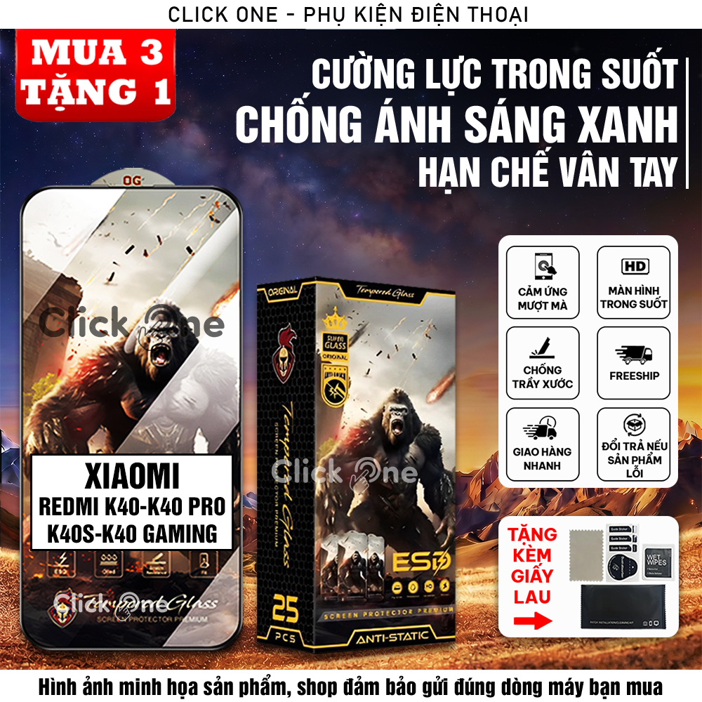 Kính cường lực Redmi K40, K40S, 40 Pro, K40 Gaming full màn, trong suốt, chống ánh sáng xanh | KKCB 