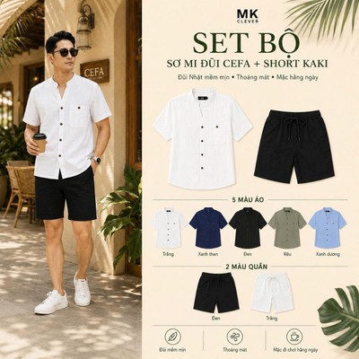 Bộ sưu tập Sơ Mi Đũi Cefa + Quần short kaki Excool MKCLEVER set bộ nam thoáng mát, form dáng thoải mái, trẻ trung