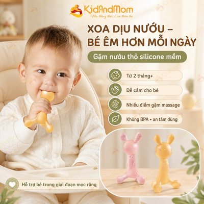 (Tặng hộp+ Dây đeo) Gặm nướu cầm tay hình thỏ cho bé KidAndMom gặm nướu silicon Dễ Thương Siêu Mềm An Toàn