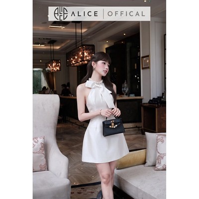 Đầm Yếm Cổ Nơ Chất Tafta Lụa Tơ Tằm Alice, Váy Cao Cấp Cổ Nơ Đính Đá Ngọc Trai Dáng Chữ A Chiết Eo T635