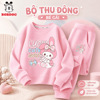 Đồ bộ bé gái BOBDOG, quần áo thu đông bé gái chất nỉ da cá ấm áp in hình thỏ cute MX-KS72