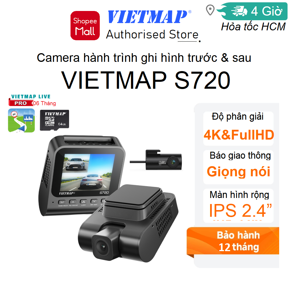 Camera hành trình Vietmap S720 Cam Trước 4K + Sau Full HD Kèm 64GB và Vietmap Live Pro - Hàng chính 