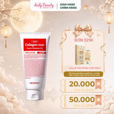 Sữa Rửa Mặt Tạo Bọt Trong Suốt, Se Khít Lỗ Chân Lông Hỗ Trợ Dưỡng Ẩm Medipeel Red Lacto Collagen Clear 2.0