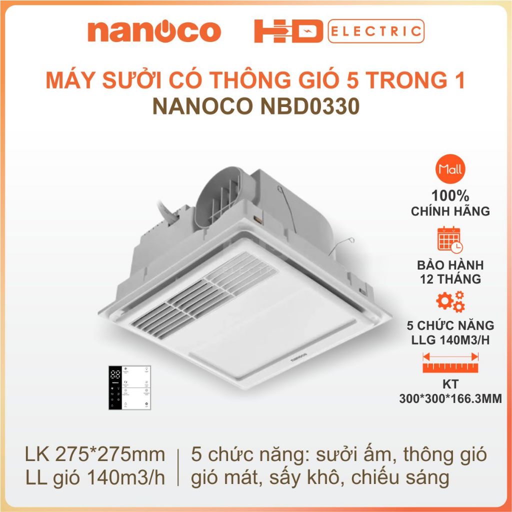 Máy sưởi có thông gió 5 chức năng Nanoco NBD0330 điều khiển từ xa an toàn