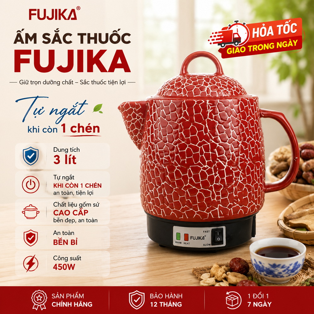 Ấm sắc thuốc Fujika FJ-CK33 dung tích 3L (MÀU ĐỎ) công suất 450W - Hàng chính hãng