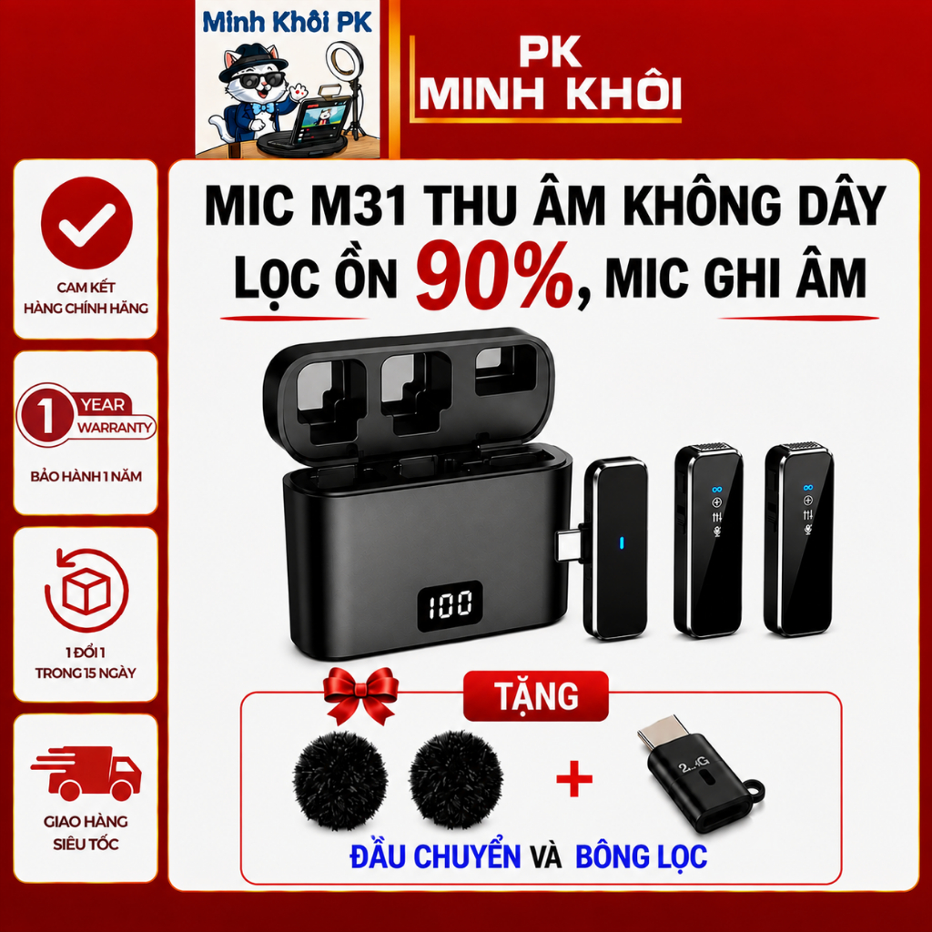 Mic M31 Thu Âm Không Dây Cho Điện Thoại  - Bật Tắt Lọc Ồn - Micro Ghi Âm