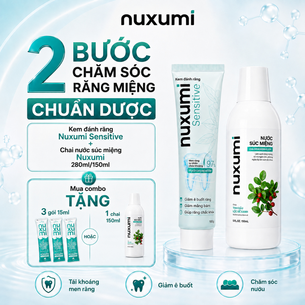 Combo 2 Bước Chăm Sóc Răng Miệng Chuẩn Dược | Nước Súc Miệng Nuxumi & Kem Đánh Răng Nuxumi Sensitive