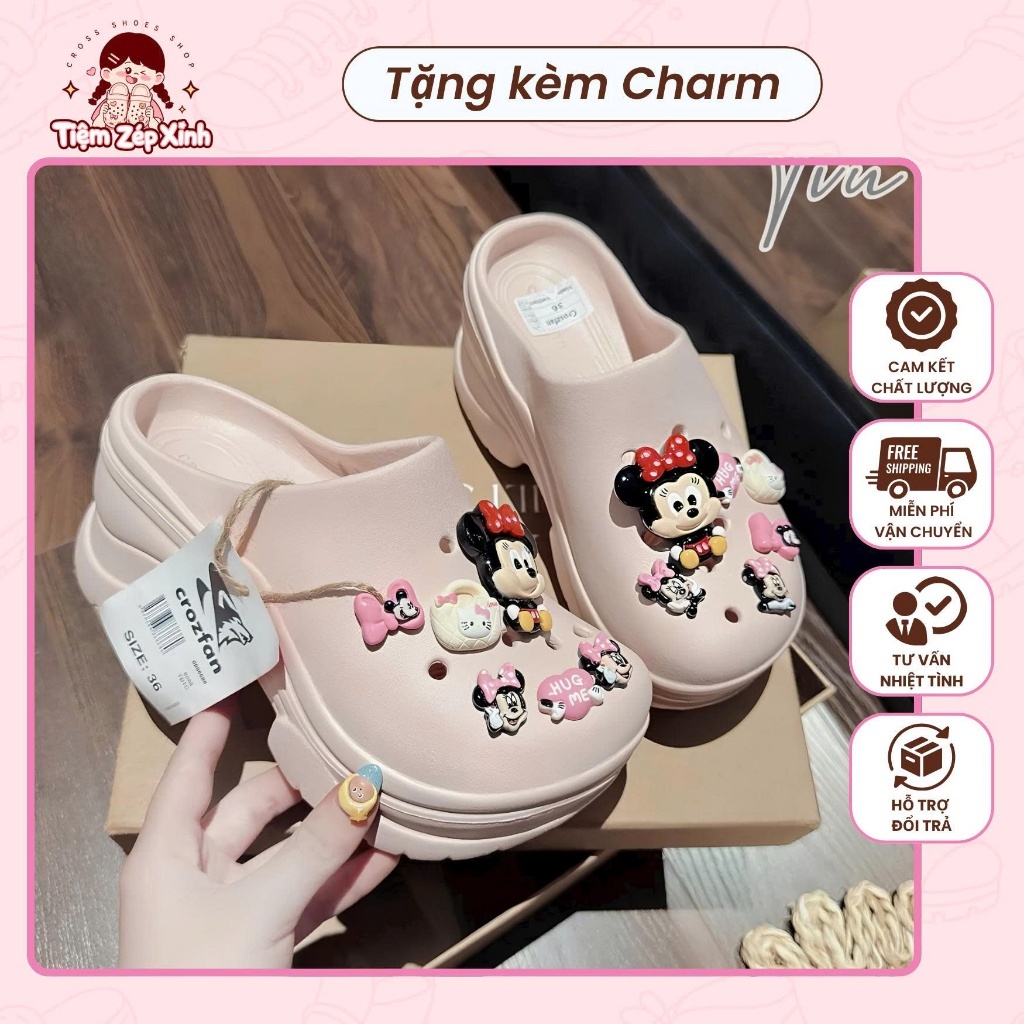 Dép Sục Nữ Đế Cao 7 Phân Đính Charm Dễ Thương, Dép Sục Quai Hậu Nữ Êm Chân