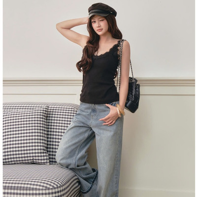 TUBYCATU Áo Ba Lỗ Tank Top Miki Cổ V Thun Gân Phối Ren Quyến Rũ Tôn Dáng