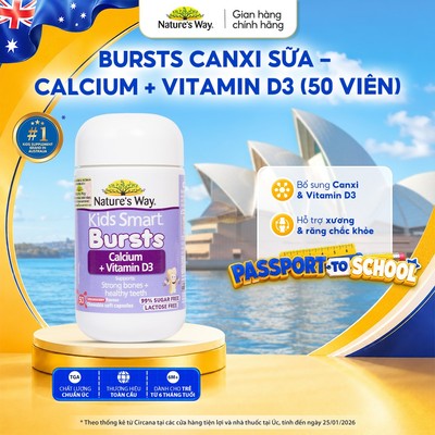 Viên Nhai Canxi Sữa Cho Bé Nature’s Way Kids Smart Calcium + Vitamin D3 Burstlets, Hỗ Trợ Xương Và Răng Chắc Khỏe 50v/h