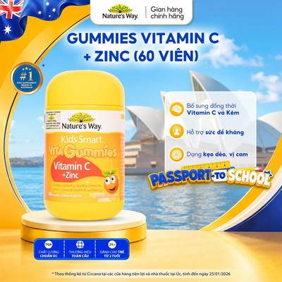Kẹo Dẻo Nature's Way Kids Smart Vita Gummies Vitamin C+ZinC, Hỗ Trợ Tăng Sức Đề Kháng Cho Trẻ Hộp 60 Viên