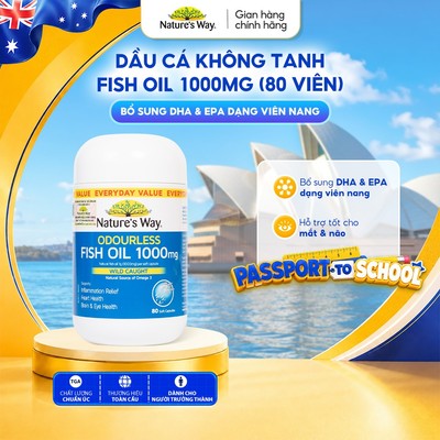 Viên Uống Dầu Cá Nature’s Way Omega-3 Odourless Fish Oil 1000mg Hỗ Trợ Tốt Cho Mắt Và Não Không Mùi Hộp 80 Viên