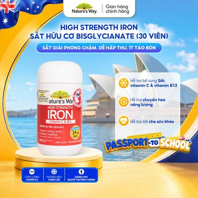 Viên Uống Sắt Hữu Cơ, Sắt Bầu Nature’s Way High Strength Iron Bổ Sung Sắt Bisglycinate Hỗ Trợ Hấp Thu Tốt Hơn -30v