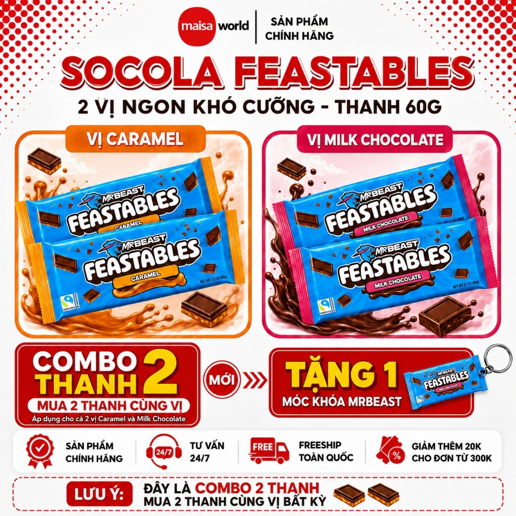 [Chính Hãng] Combo 2 Thanh Socola Feastables MrBeast 60g | Đầy Đủ Hương Vị