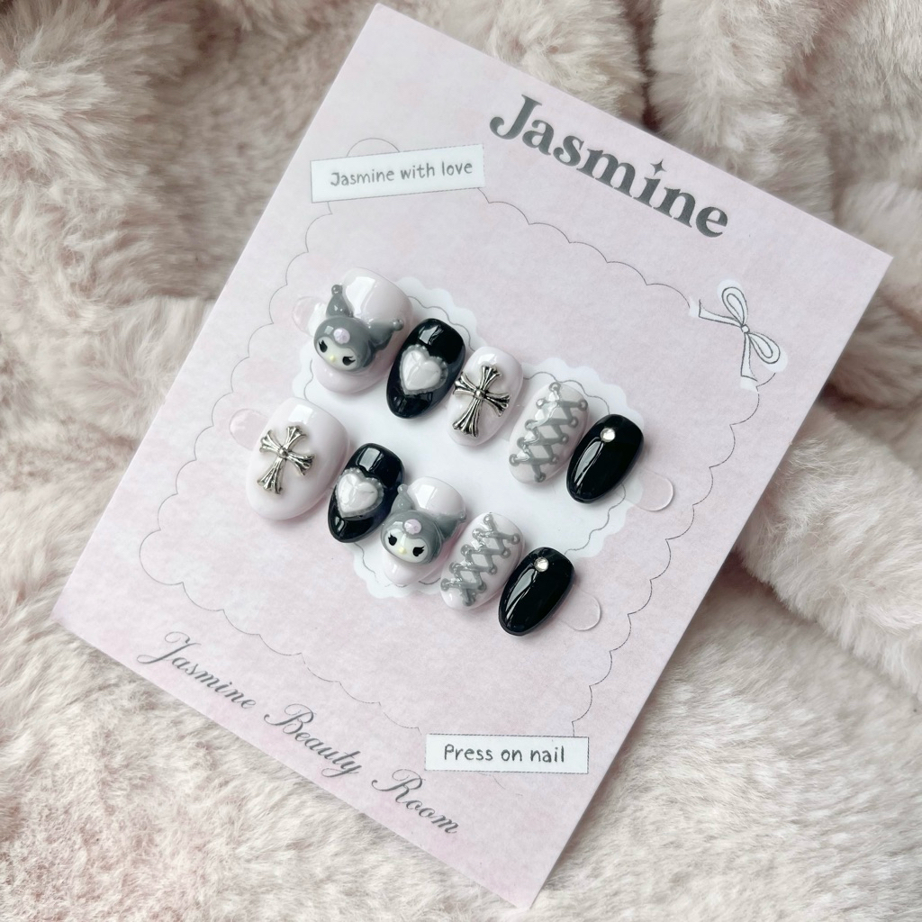 Nailbox thiết kế "Gothic Kuromi" M077 màu tím baby phối đen, charm đúc 3D thủ công, Kuromi nổi charm