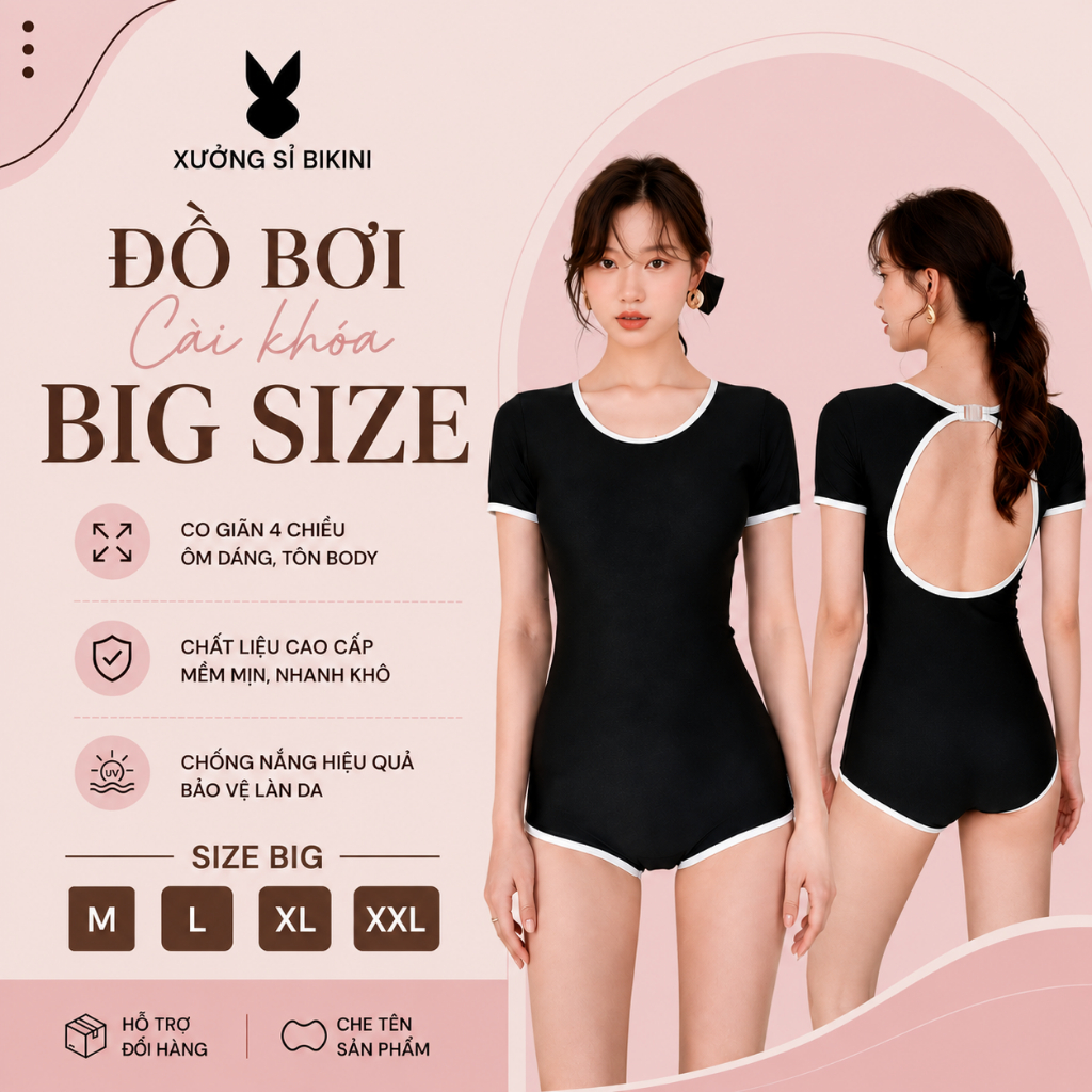 Bikini 1 mảnh Đồ bơi nữ liền mảnh CÀI KHÓA SAU  khoét lưng màu đen viền trắng sporty nhiều kiểu