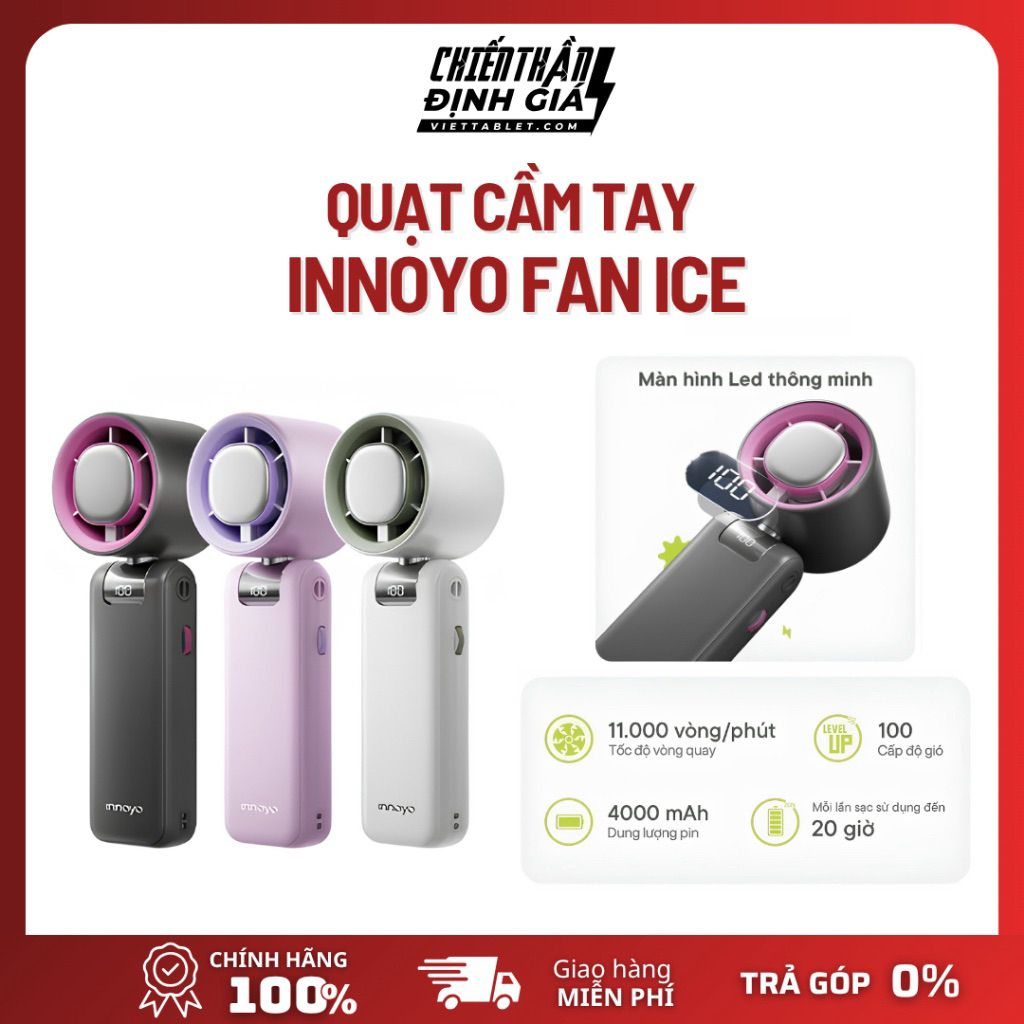 Quạt cầm tay Innoyo fan ice - Gập linh hoạt 180 độ, tích hợp sò lạnh - 20H sử dụng - Bảo Hành 6 thán