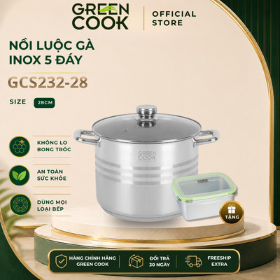 Nồi Luộc Gà Inox 5 Đáy 28 cm Green Cook - Chất Liệu Inox An Toàn PFOA free - Phù Hợp Mọi Loại Bếp