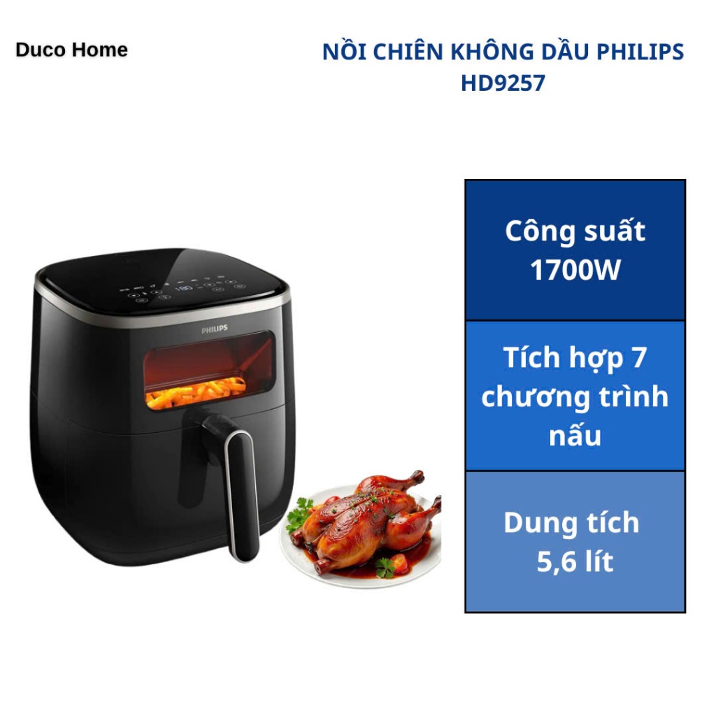 Nồi Chiên Không Dầu Philips HD9257 - Dung Tích 5,6 Lít - Bảo Hành Chính Hãng 24 Tháng