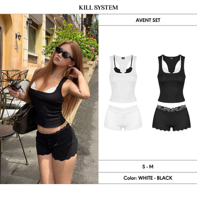 [CÓ TÁCH LẺ] Áo ba lỗ thun gân và bra hai dây ren phối quần short đính đá AVENT - 𝐊𝐈𝐋𝐋 𝐒𝐘𝐒𝐓𝐄𝐌