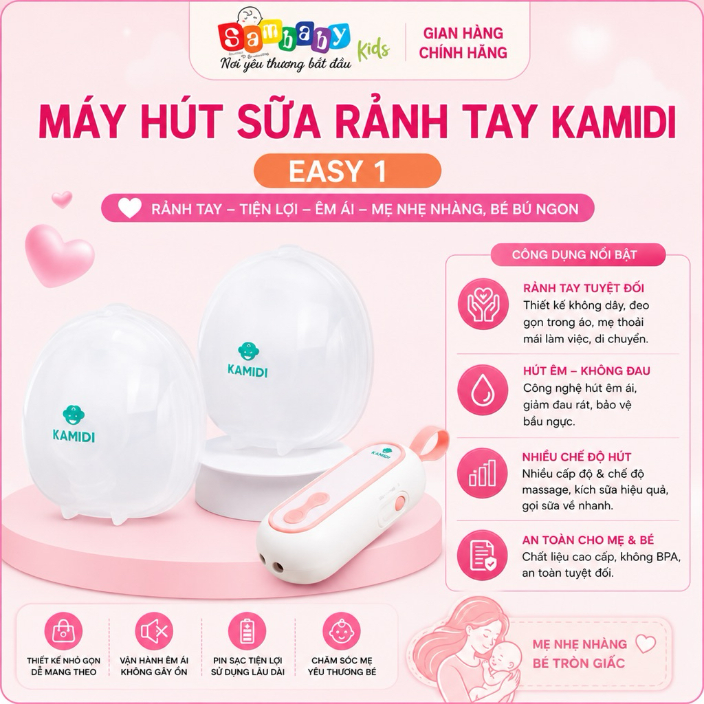 Máy Hút Sữa Rảnh Tay Không Dây Kamidi Easy 1 – 4 Chế Độ Thông Minh, Nhỏ Gọn, Êm Ái, An Toàn SamBabyk