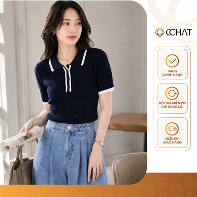 Áo Thun 𝐂𝐂𝐇𝐀𝐓 Dáng Ôm Histi Cổ Phối Chất Liệu Len Dệt Kim Cao Cấp 16TNW8087OT