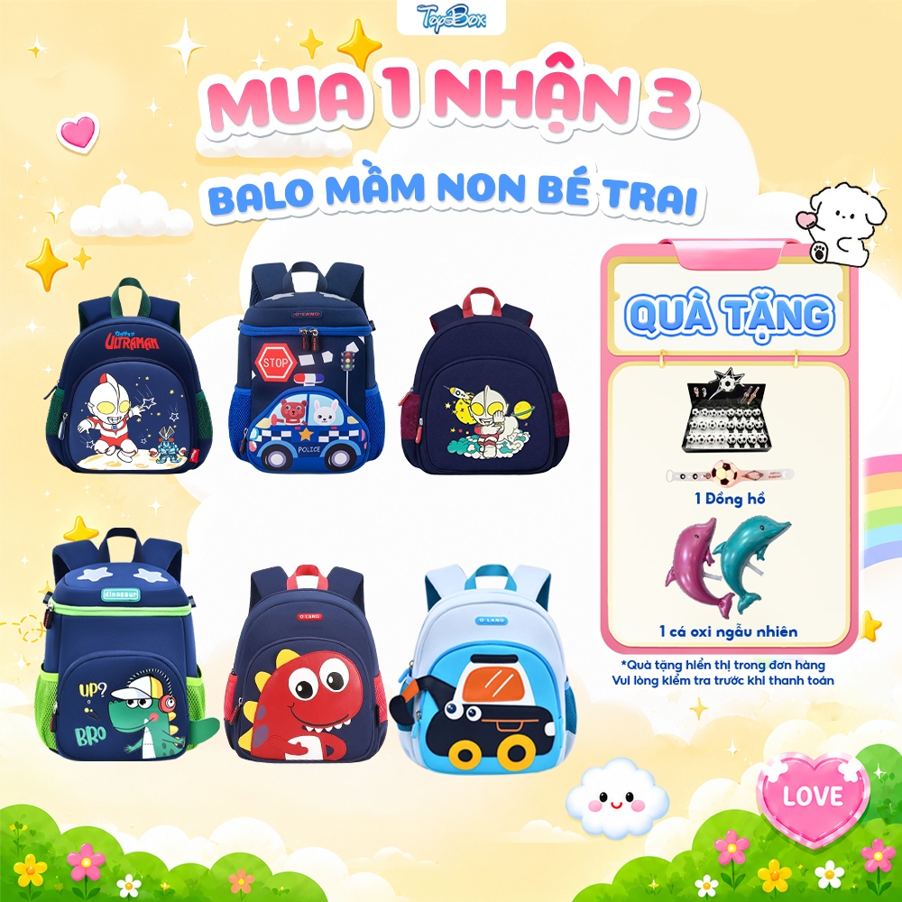 Balo Mầm Non Cho Bé Trai 1-6 Tuổi, Cặp Đi Học Mẫu Giáo Nắp Trên Form Đứng Siêu Nhẹ