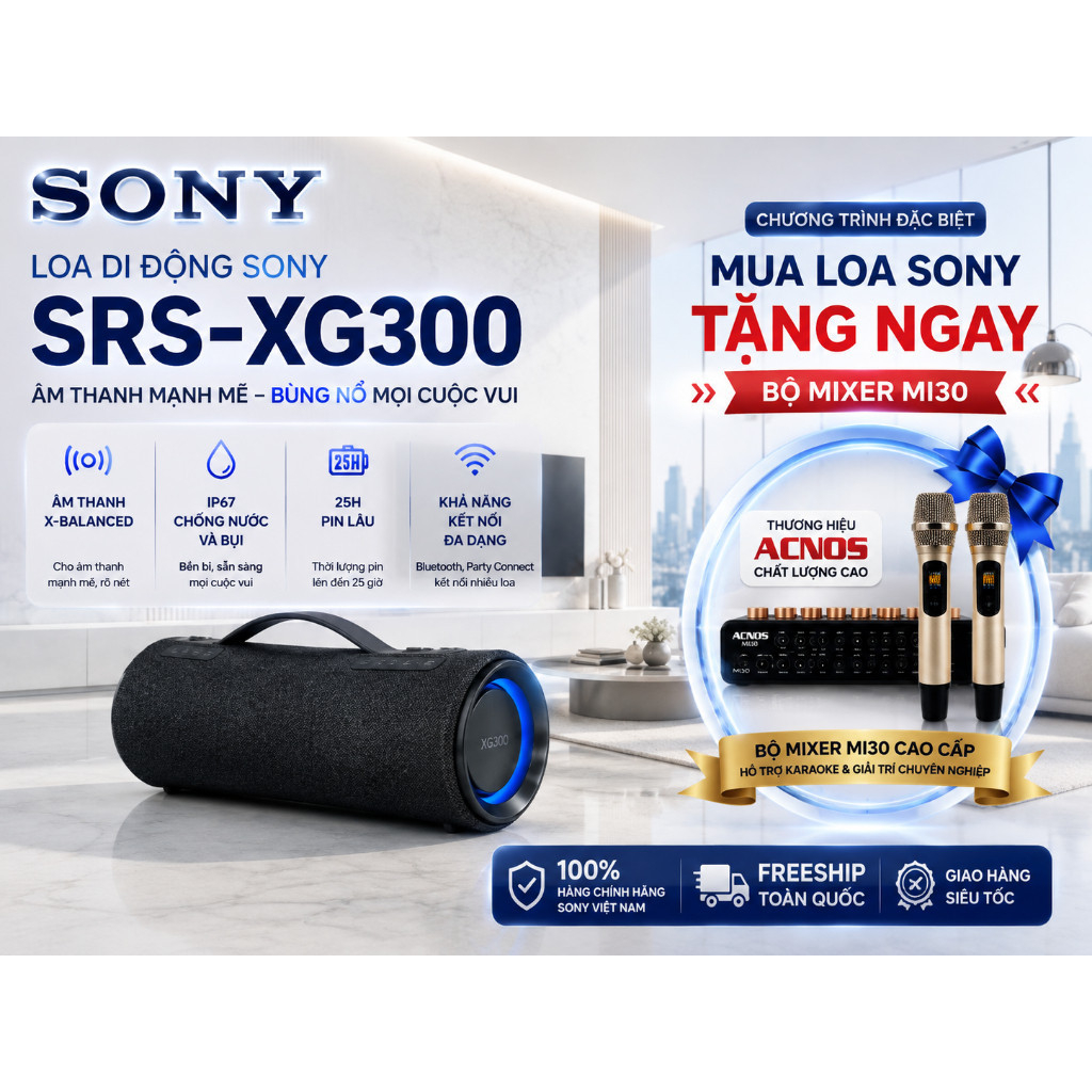 Loa di động SONY SRS-XG300 Tặng kèm bộ Vang số chỉnh cơ Mi30 Acnos - Hỗ trợ hát Karaoke