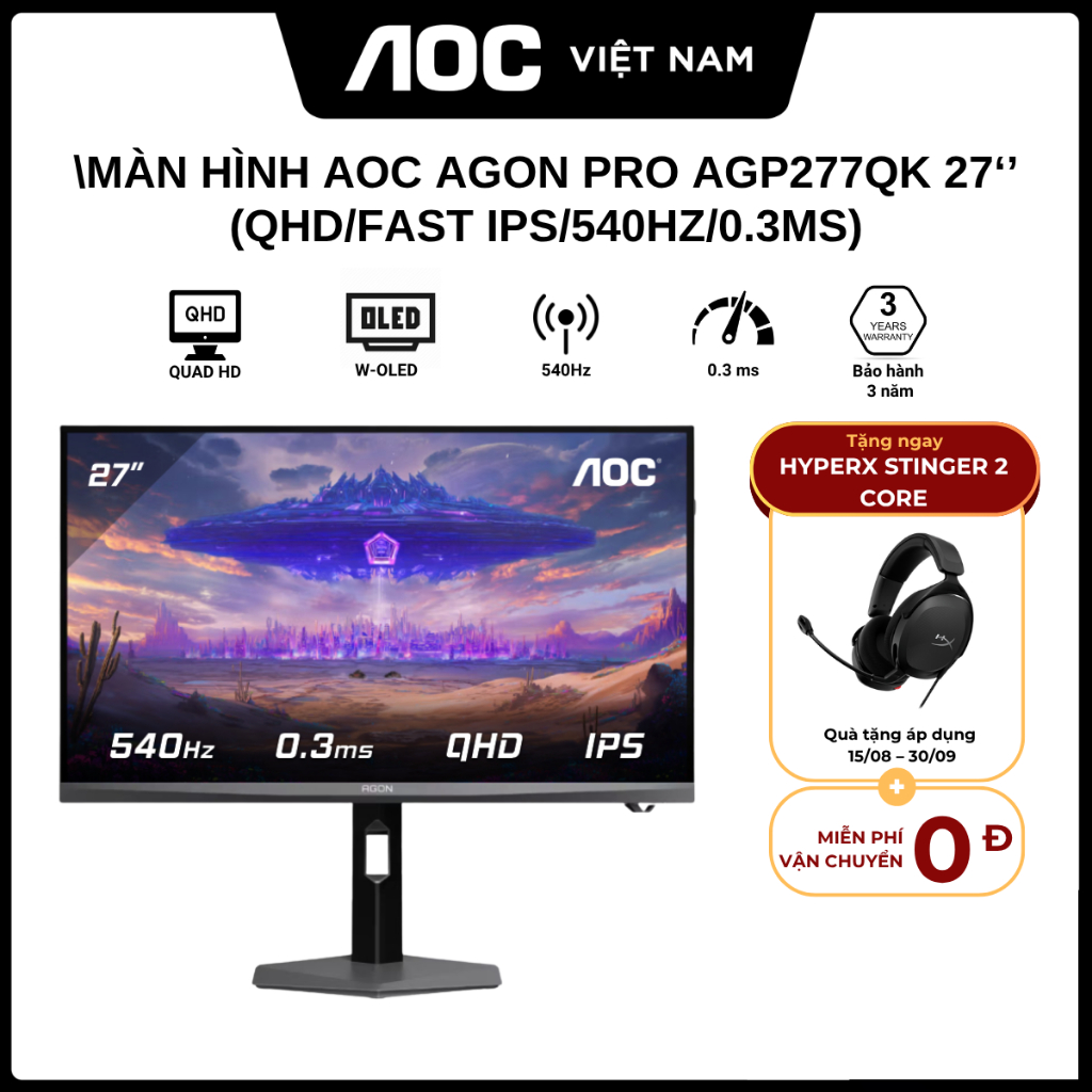 [Tặng Tai Nghe] Màn Hình Gaming AOC Agon AGP277QK 27 inch Dual (QHD 540Hz/HD 1000Hz/IPS/0.3ms/HDR400