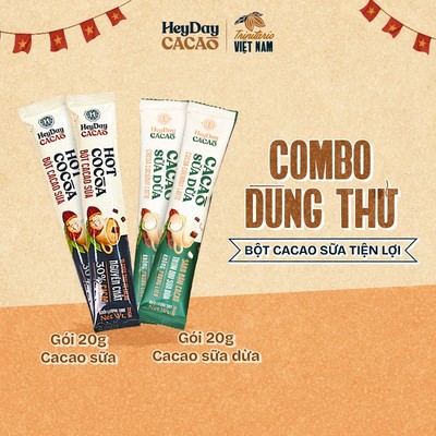 Combo 4 Gói Dùng Thử Dòng Bột Cacao Tiện Lợi -  2 gói 20g Bột Cacao Sữa và 2 gói 20g  Bột Cacao Sữa Dừa - Heyday Cacao