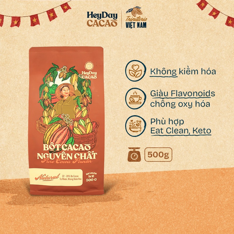 Bột Cacao Nguyên Chất 100% không đường - Túi 500g - Dòng Natural Không Kiềm Hóa - Heyday Cacao