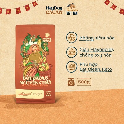 Bột Cacao Nguyên Chất 100% không đường - Túi 500g - Dòng Natural Không Kiềm Hóa - Heyday Cacao