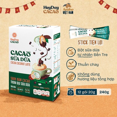 Bột Cacao Sữa Dừa - Hộp Giấy 12 Gói Tiện Lợi 20g - Bột cacao sữa dừa tự nhiên, thuần chay - Heyday