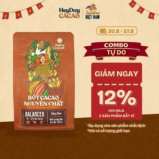 Bột cacao nguyên chất 100% không đường - Dòng Balanced phổ thông - Túi zip 225g - 10%-12% bơ cacao tự nhiên - Heyday