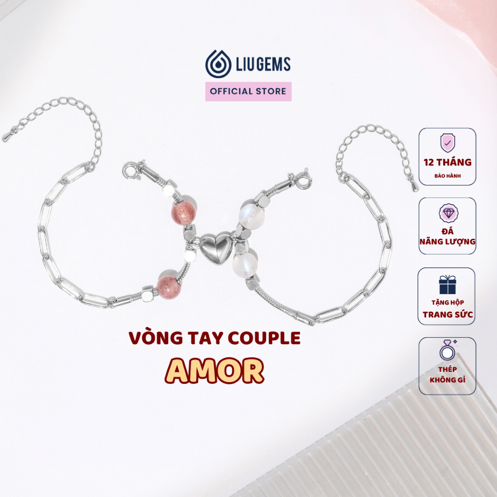 Vòng Tay Đôi Thép Không Gỉ Liugems Mix Đá Tự Nhiên Amor Charm Trái Tim Nam Châm VT05