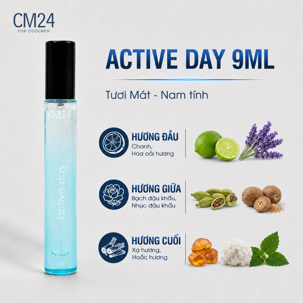 Nước hoa CM24 For Coolmen Active Day, Hương Liệu Nhập Khẩu Từ Pháp, Hương Tươi Mát, Nam Tính 9ml