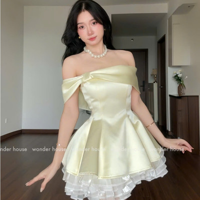 Vasi Dress Wonderhouse Đầm trễ vai dáng xòe chất vải lụa dày dặn dự tiệc dạo phố sang trọng