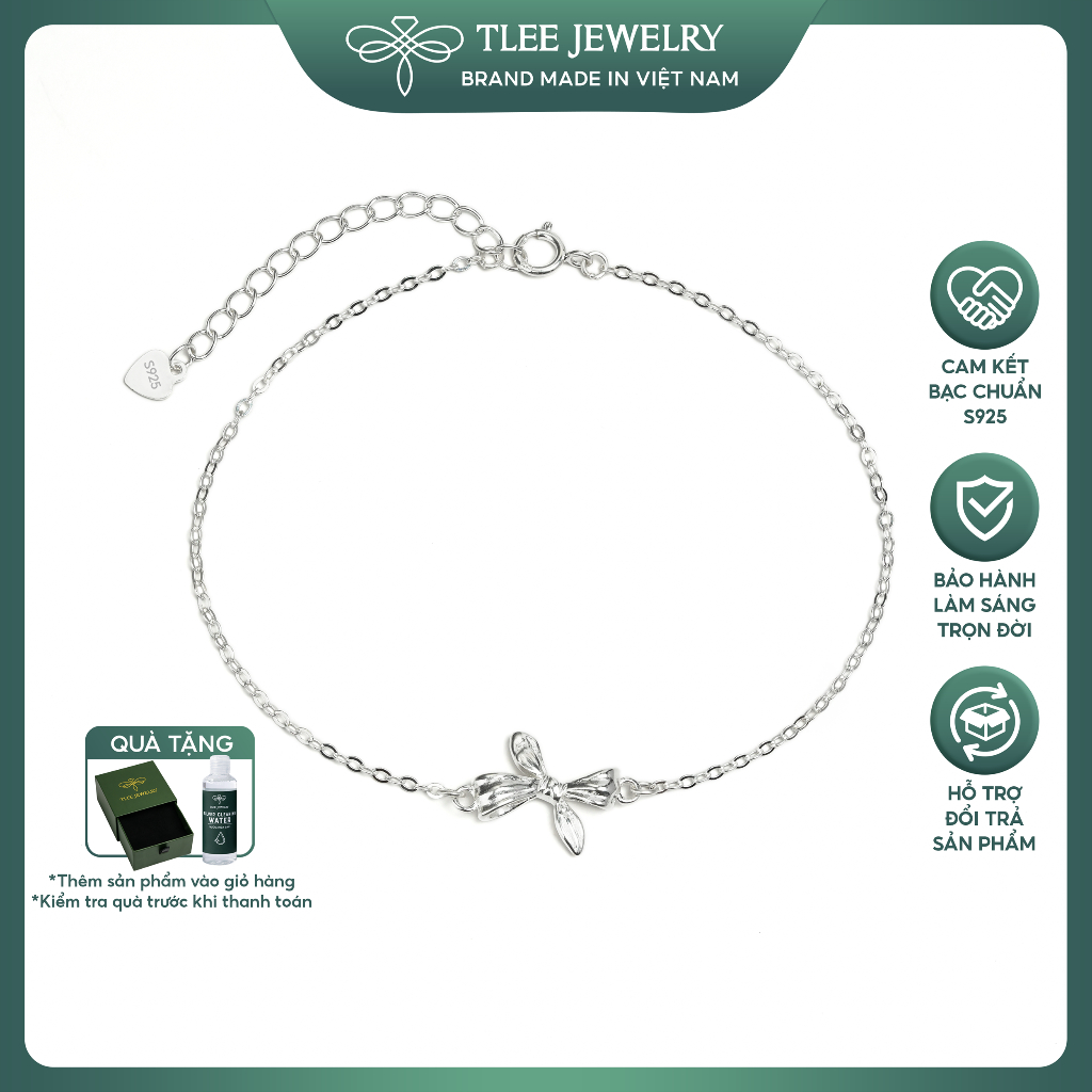 Lắc tay bạc nữ TLEE nơ tiểu thư trơn basic nhẹ nhàng, nữ tính TLEE JEWELRY LT0496