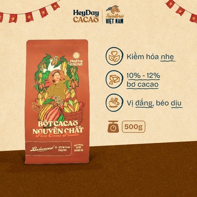Bột cacao nguyên chất không đường Heydaycacao - Dòng Balanced phổ thông - Túi 500g