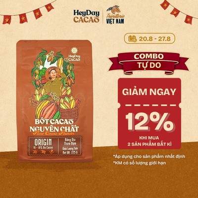 Bột cacao nguyên chất 100% không đường - Dòng Origin thượng hạng - Túi zip 225g/500g - 16%-18% bơ cacao - HeydayCacao