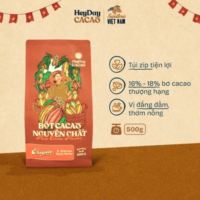 Bột cacao nguyên chất 100% không đường Heyday - Dòng Origin thượng hạng - Túi zip 500g