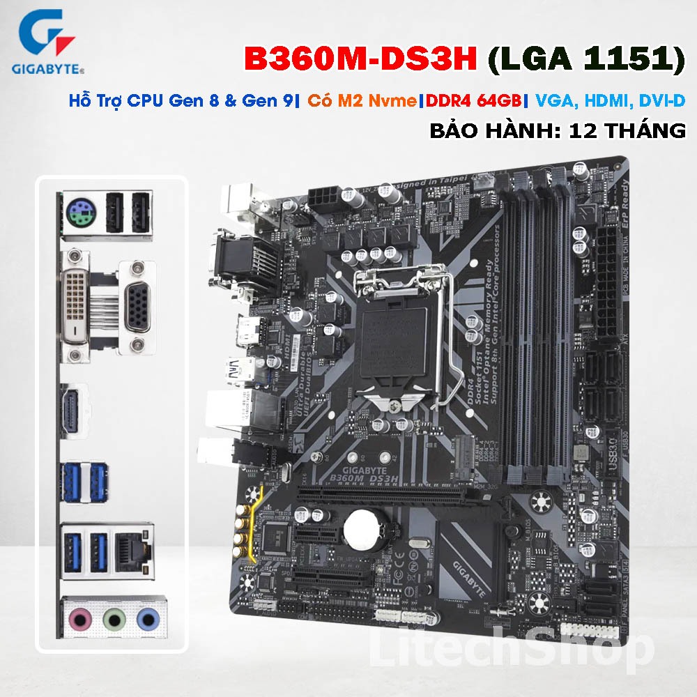 Main GIGA B360M DS3H DDR4 LGA1151 Hỗ trợ Gen 8/9 i3 i5 i7 Có M.2 Nvme SATA 6Gb/s Micro ATX| Zin đẹp|