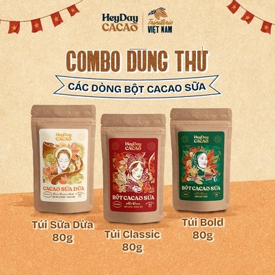 Combo dùng thử các dòng Bột cacao sữa - Classic 80g, Bold 80g, Sữa dừa 80g - Heyday cacao