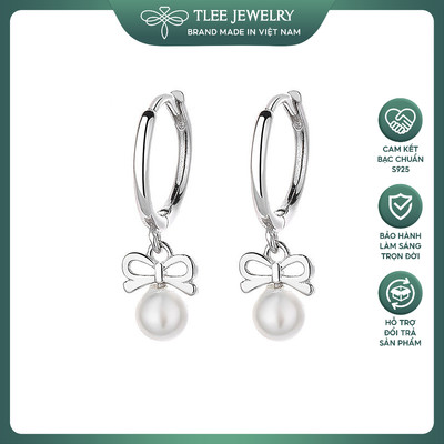 VKhuyên tai bạc nữ TLEE tròn trơn chốt bấm treo tua nơ gắn trai nhân tạo sang trọng, quý phái TLEE JEWELRY B0640