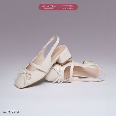 Giày cao gót mary jane nữ HÀ HUYỀN da lì mũi nơ quai hậu gót vuông 5cm - CG2719