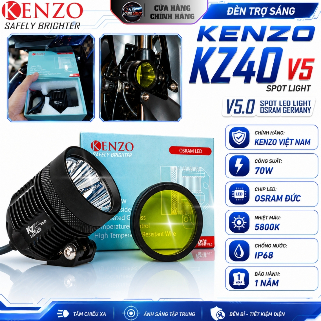 Đèn Trợ Sáng Kenzo Kz40 V5, Công Suất 70W Chip Led OSRAM Đức, Ánh Sáng Siêu Gom Xa - Bảo Hành 1 Năm